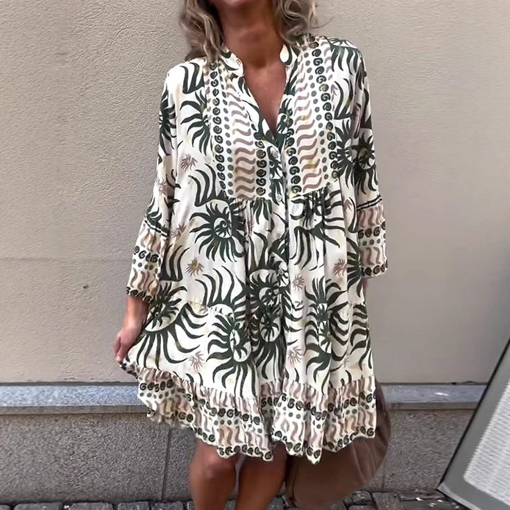 Floral Print V Neck Long Sleeve Loose Casual Dress Summer Collection Womens Fashion OEM Available