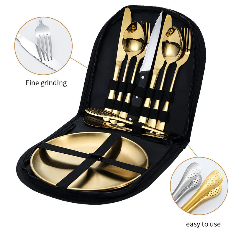 Amazon Stainless Steel Outdoor Tableware Camping Picnic Barbecue Steak Knife, Fork and Spoon Plate Portable Tableware Set