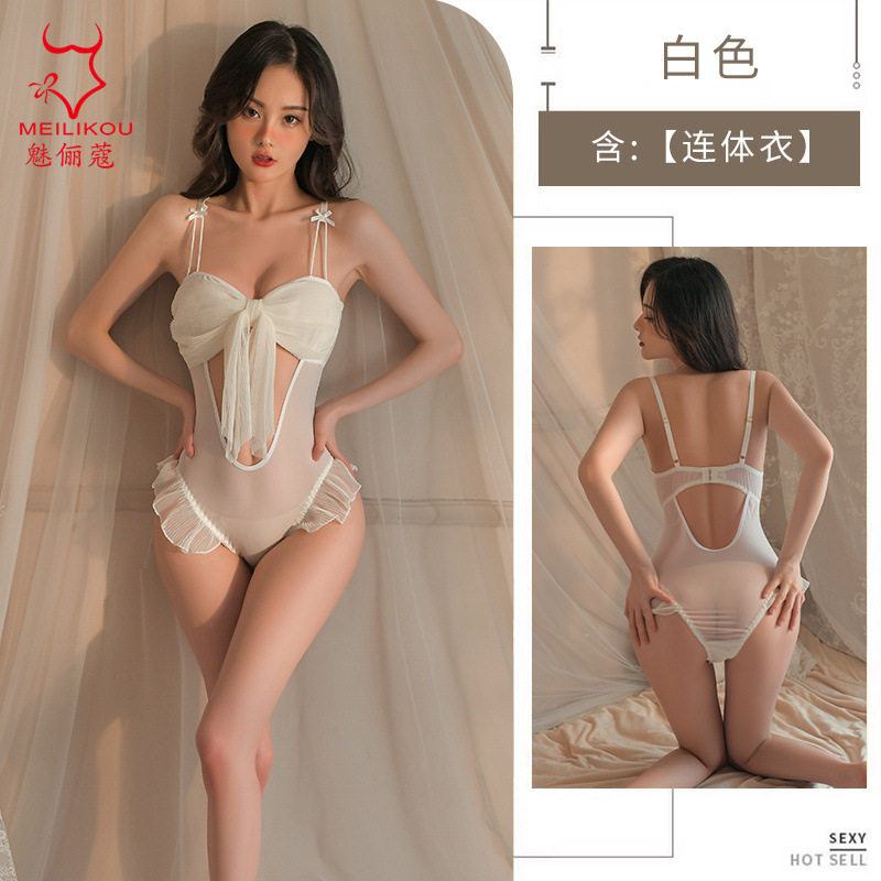 情趣内衣女免脱连体衣蝴蝶结聚拢小胸显大透视激情女免脱制服2019