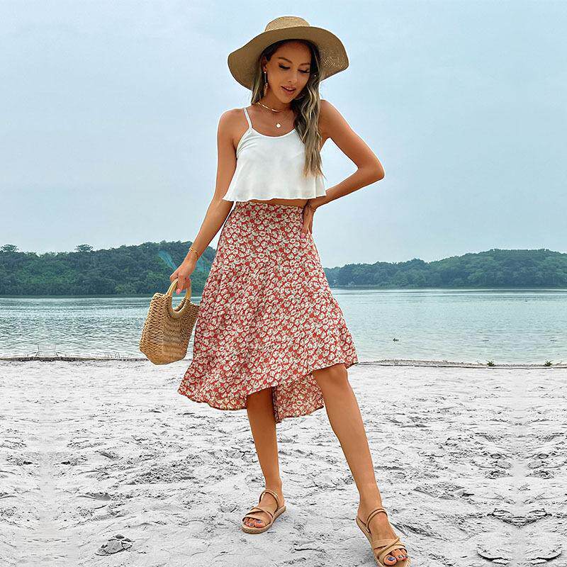 High Waisted Irregular Floral Midi Skirt Fresh and Sweet Design Summer Vacation or Date Wear Wholesale Available