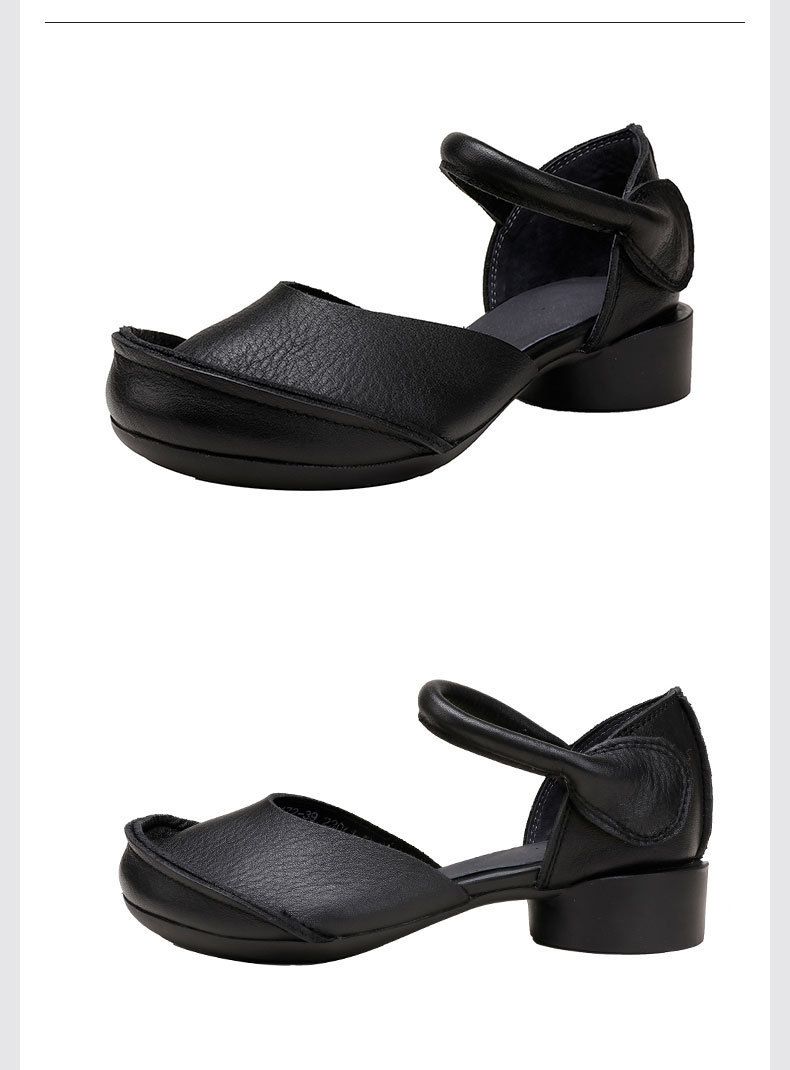 Giày sandal nữ quai ngang gót thô bọc mũi bằng da bò thật, đế mềm thủ công — Màu đen, Màu nâu