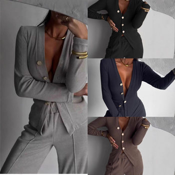 2025 Autumn and Winter New Cross-Border European and American Amazon Independent Station Casual Women's Clothing Women's Button Cardigan Pants Suit Women