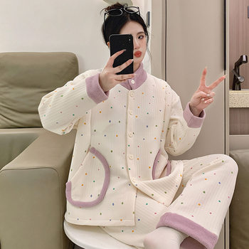 Polka Dot Air Cotton Confinement Clothes Thickeneded and Warm Autumn and Winter Stand-Up Collar Cardigan Maternity Pajamas Postpartum Breastfeeding Home Clothes