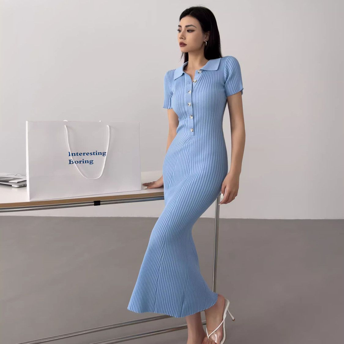 Long Polo Knit Dress Fishtail Hem Slim Fit Short Sleeve Bodycon Style Perfect for Office Wear Wholesale Available