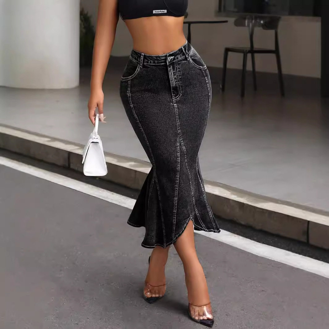 Irregular Hem Bodycon Denim Skirt Womens Fishtail Design Stretch Fabric Casual Chic Wholesale Available