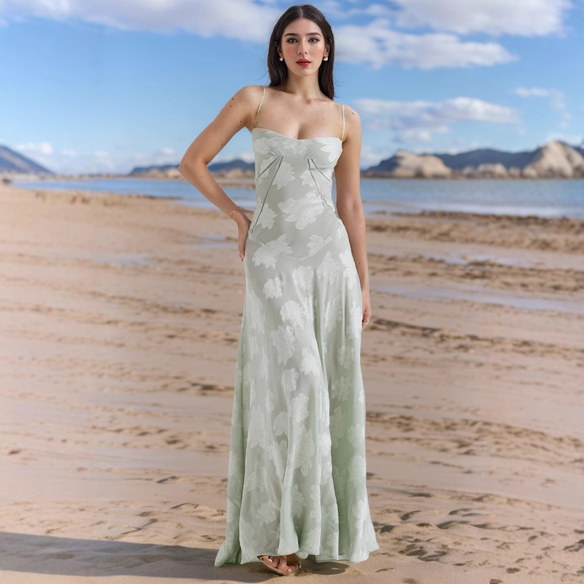 Summer Floral Maxi Dress Sexy Sheer Slim Fit Spaghetti Straps Beach Vacation Style Wholesale Available