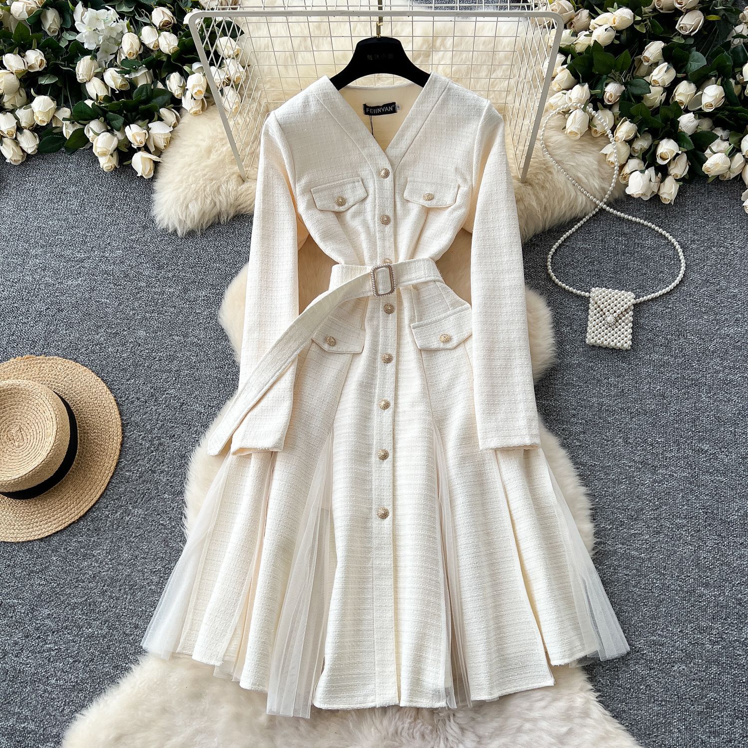 Vintage French Style V Neck Dress with Metal Buttons Waist Defining Elegant Sheer Mesh Panels Perfect for Formal