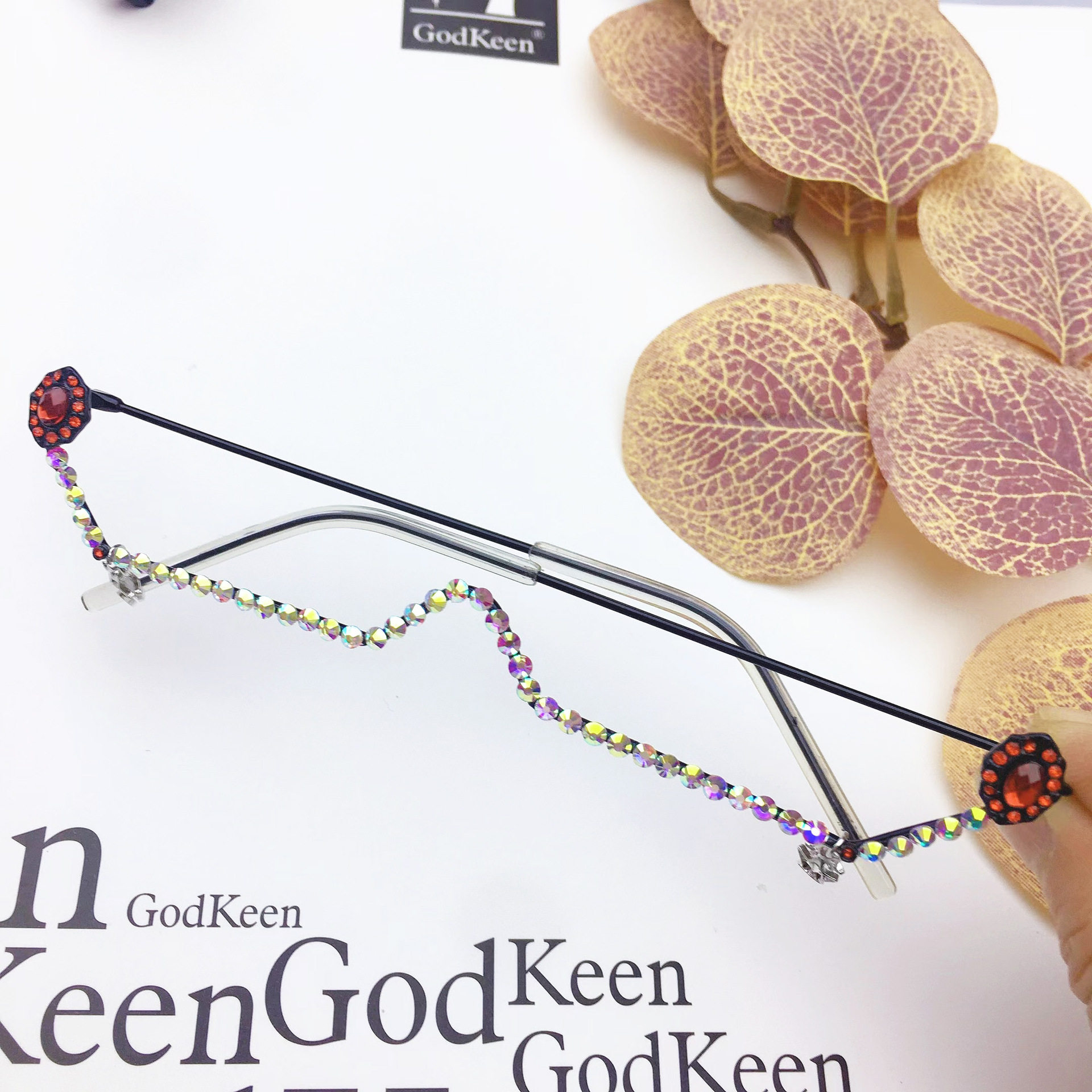 2023Ins Lower Half Frame Lensless Glasses Frame European and American Cross-Border Metal Diamond Glasses Fashionable Water Diamond Glasses