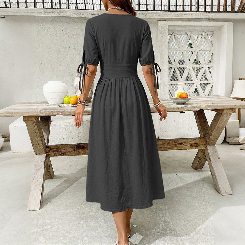 Summer Casual V Neck Short Sleeve Dress Solid Color Beach Vacation Style Wholesale Available OEM ODM service