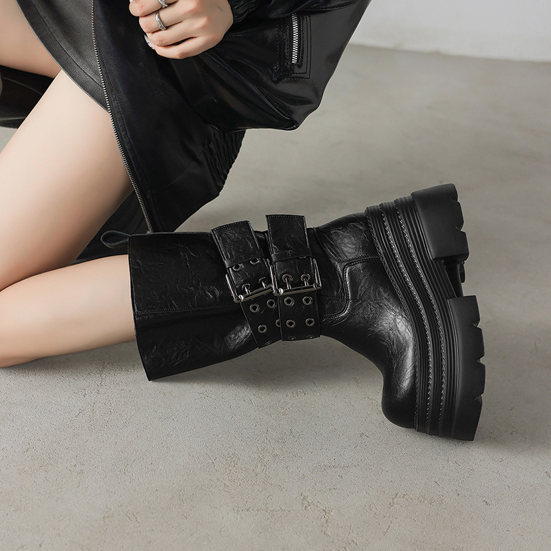 Boot nữ cổ trung đế xuồng cao 10cm khóa thắt lưng da bò — Lớp lót nhung đen, Màu đen một lớp