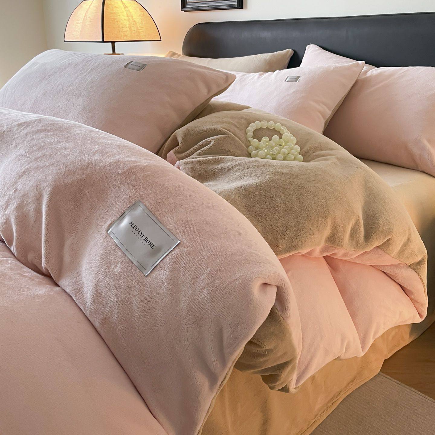 Colored Milk Velvet Four-Piece Set Thickened Warm Coral Flannel Plus Velvet Quilt Cover Winter Bed Sheets Three-Piece Set