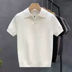 2025 Men's Summer New Style Knitted Lyocell Scissor Collar Short-Sleeved Knitwear Cool Slim Anti-Wrinkle T-Shirt