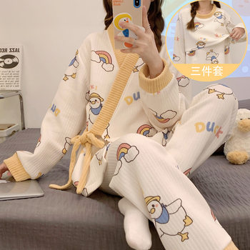 Air Cotton Yuezi Kimono Three-Piece Set Spring, Autumn and Winter Pregnancy Postpartum plus size Lactation Pregnant Women Pajamas Women's Home Clothes