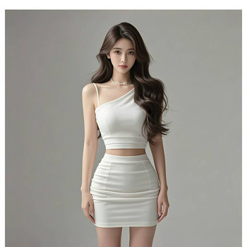 TZ4813 Advanced Sense Pure suit Women's Slant Shoulder Camisole Top High Waist Slimming Hip Skirt Two-piece Set