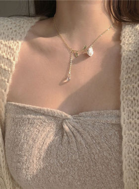 法式玫瑰花项链~超仙春季新款温柔水滴吊坠锁骨链白色小清新颈链