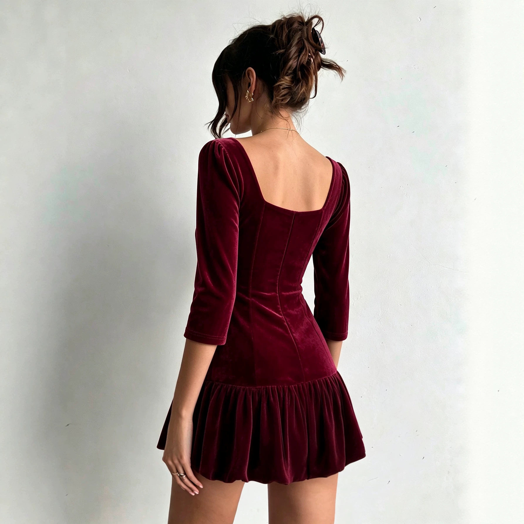 Vintage Wine Red Velvet Dress for Women Flattering A Line Silhouette Ruffled Hem Waist Defining Autumn Winter