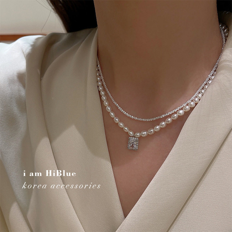 Retro Light Luxury Zircon Two-Piece Set of Pearl Necklace for Women Niche Design High-End Fashion Versatile Clavicle Chain Necklace