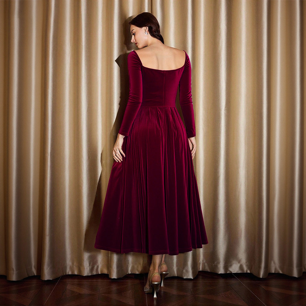Wine Red Velvet Long Sleeve Square Neck A Line Dress Vintage Style Spring Summer Occasion Wholesale Available