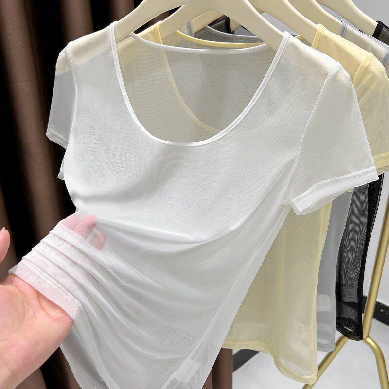 Sheer Mesh Short Sleeve T Shirt for Women Lightweight Ice Silk Versatile Style Summer Fashion Wholesale Available
