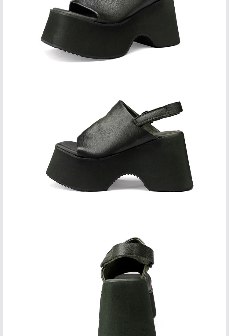 Sandal nữ quai ngang đế dày da bò mũi cá tăng chiều cao — màu đen, Xanh rêu đậm