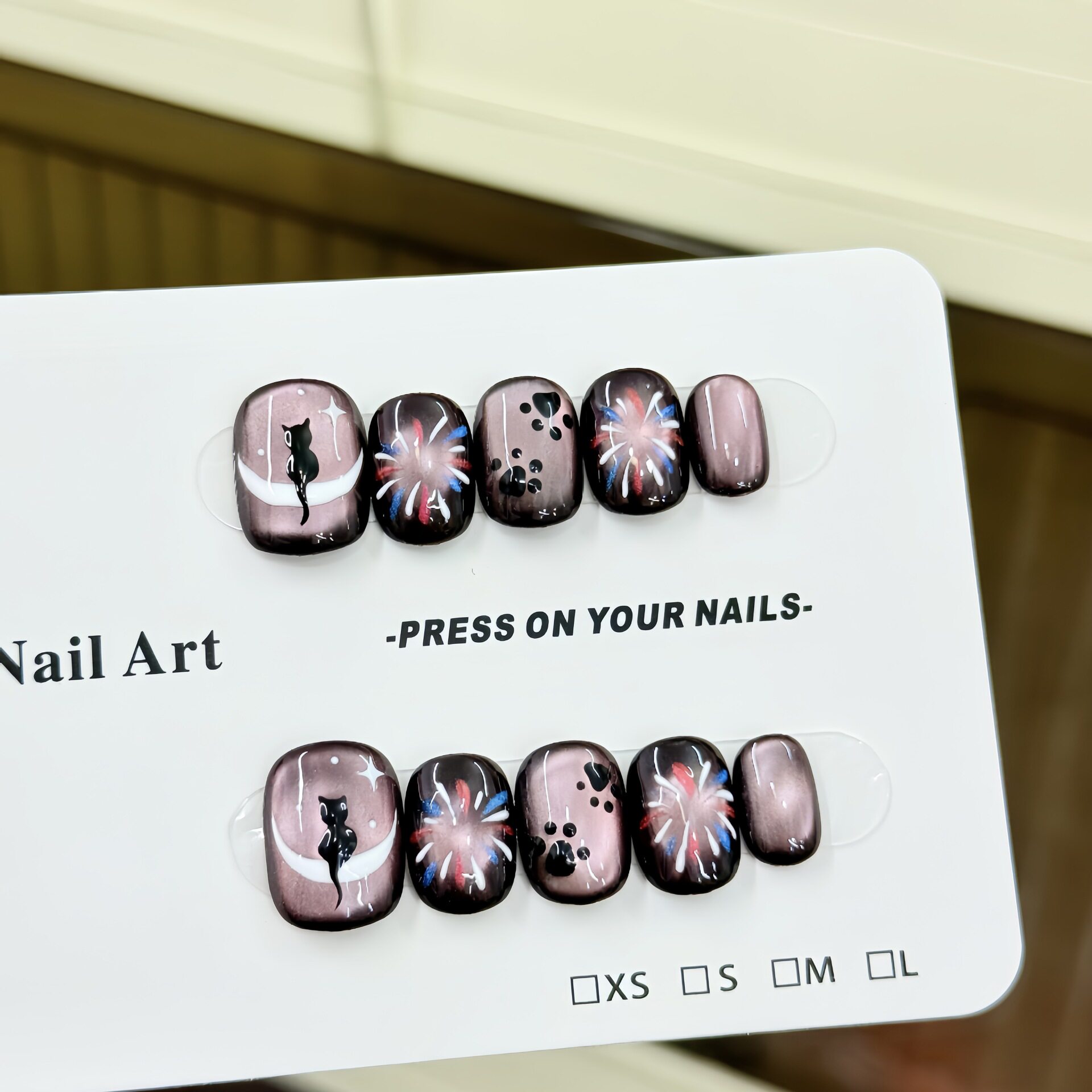 Moonlight Cat Pure Handmade Wearable Nails Purely Hand-Painted Fireworks Cute Cat Cat Eye Therapy Nails Fake Nails Nail Art Stickers