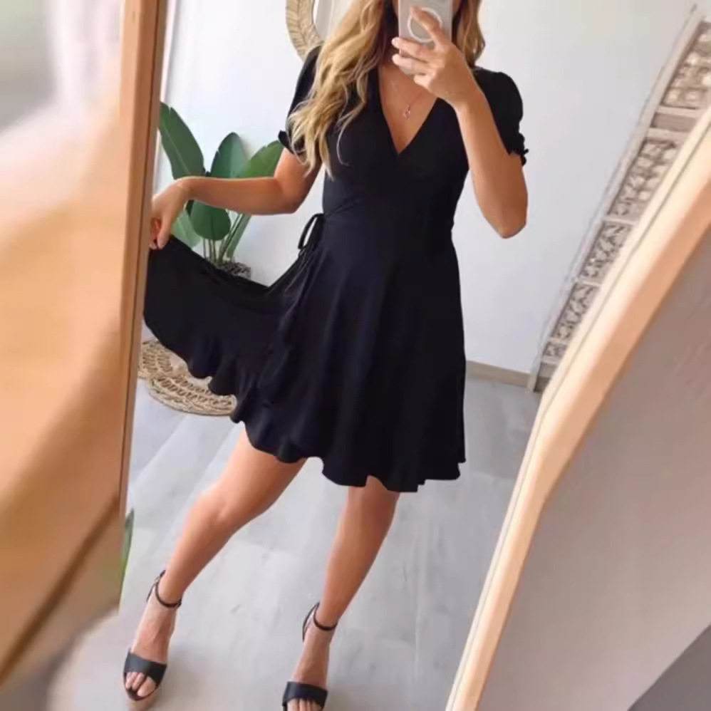 Summer Womens Dress Solid Color Short Sleeve V Neck Ruffle Hem Casual Wear for Parties or Daily Outings OEM