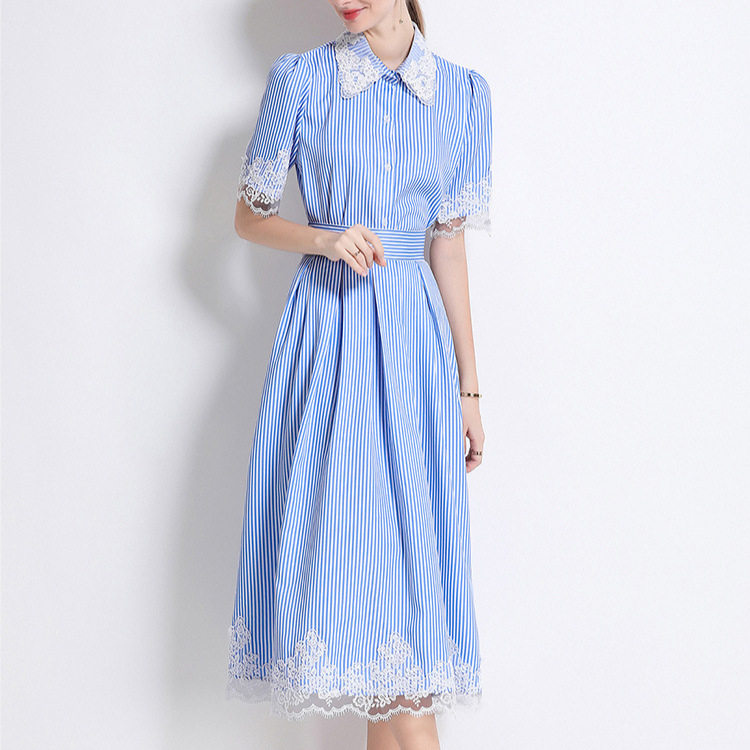 Lace Panel Short Sleeve Striped OL Shirt Set A Line Pleated Midi Skirt Summer Office Wear Wholesale Available