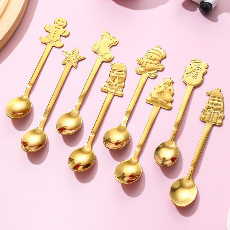 Stainless Steel Christmas Spoon Cartoon Pressed Handle Spoon Christmas Gift Gift Spoon Household Coffee Stirring Spoon Dessert Spoon