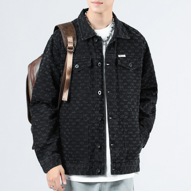 Áo Khoác Jean Nam Thêu Jacquard Phong Cách Công Sở Màu Đen