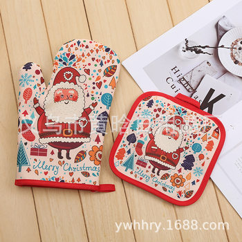 [Holding Jia] Christmas Gloves Microwave Gloves Cushion Two-piece Anti-scalding Heat Insulation Gloves suit Oven Baking
