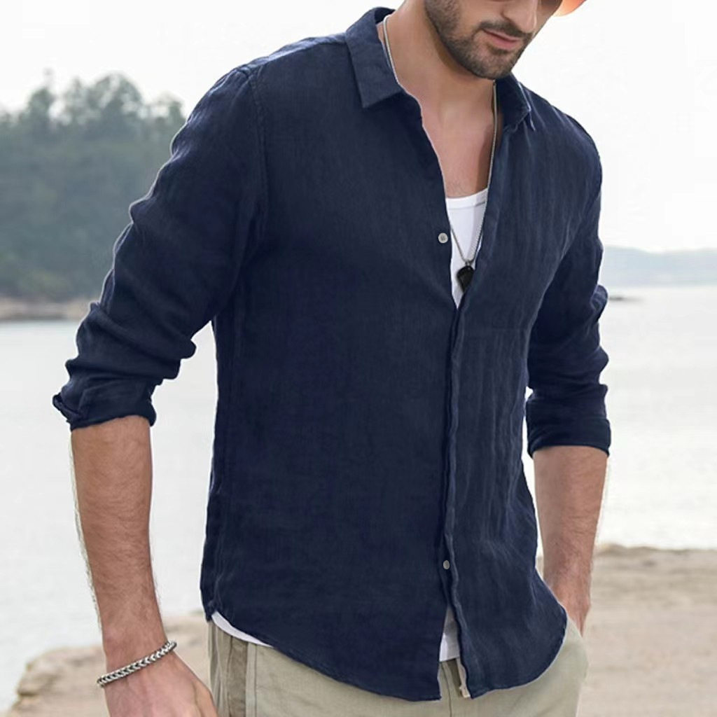 Foreign Trade European and American Pure Cotton Pure Color Long-Sleeved Shirt Men's Youth Casual Cardigan Shirt Men's Jacket