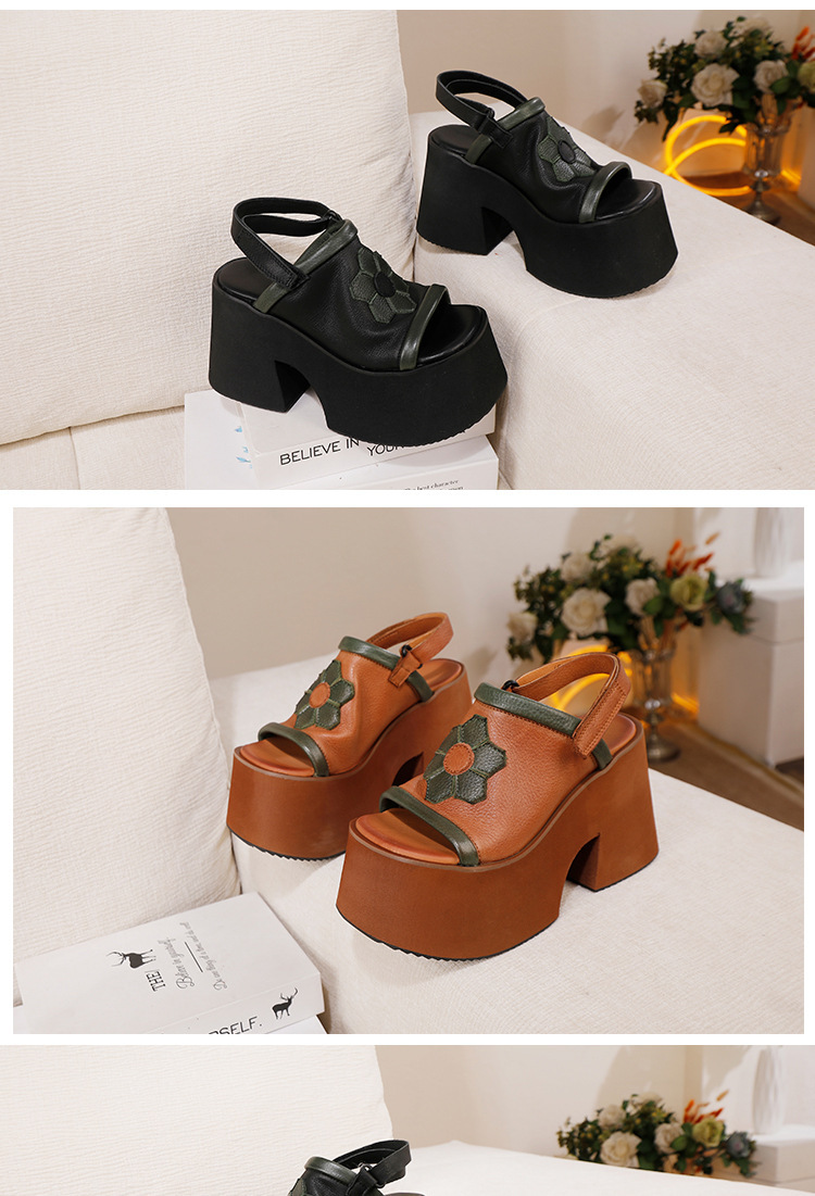 Sandal nữ da bò thật gót xuồng siêu cao trang trí hoa, quai dán tiện lợi — màu đen, Màu nâu