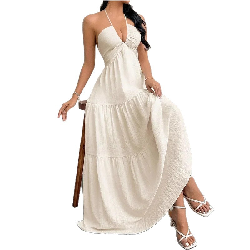 Summer Womens Maxi Dress Sexy Halter Neck Deep V Open Back Tied Design Vacation Style Wholesale Available