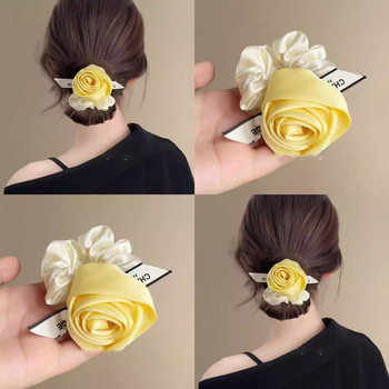 Milk Salt Jasmine Yellow ~ Gentle Satin Flower Scrunchie High-End Bun Hair Tie Elegant Travel Hair Rope