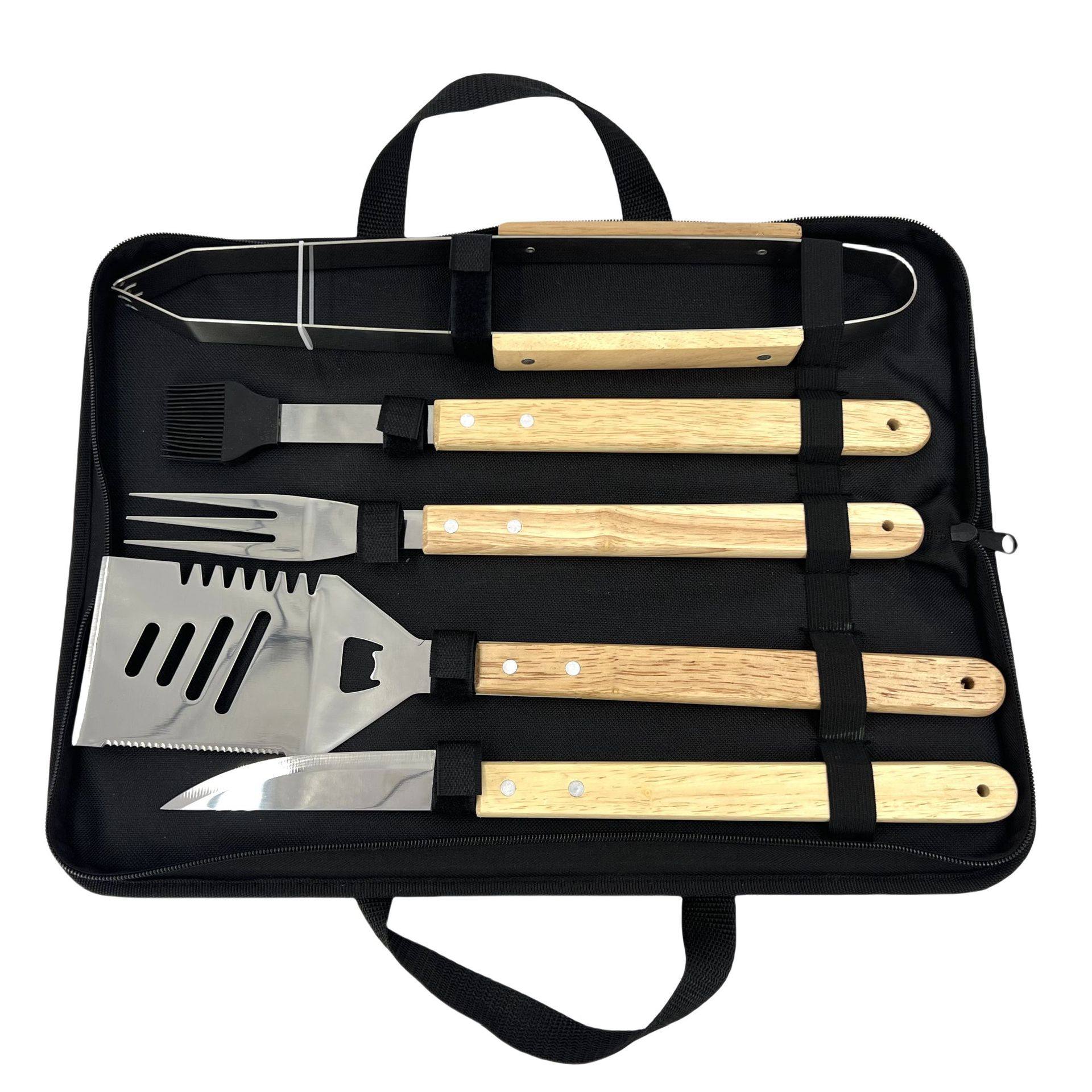 Stainless Steel Grill Set Wooden Handle Barbecue Tools Five-Piece Set Outdoor Portable Barbecue Accessories Oak Handle Food Tongs