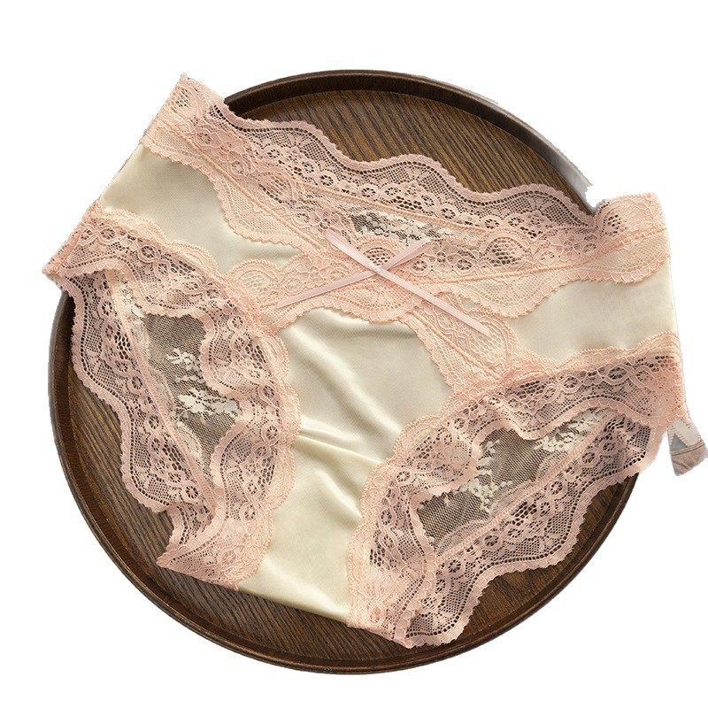 French Pure Lust Sexy Lace Underwear Women's Antibacterial Cotton Crotch High-End Satin Mesh Large Size Women's Briefs