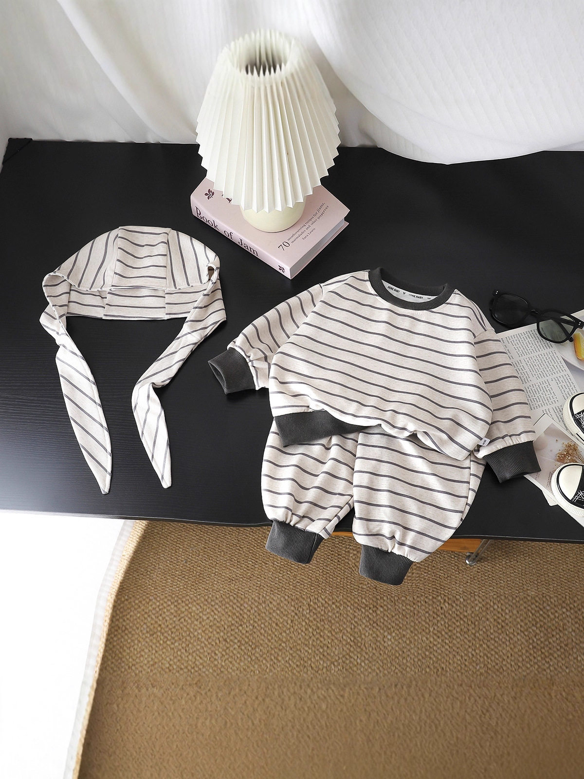 Children's Korean Style Striped Hoodie Set, New Spring & Autumn Top, Versatile Casual Outfit with Earflap Hat