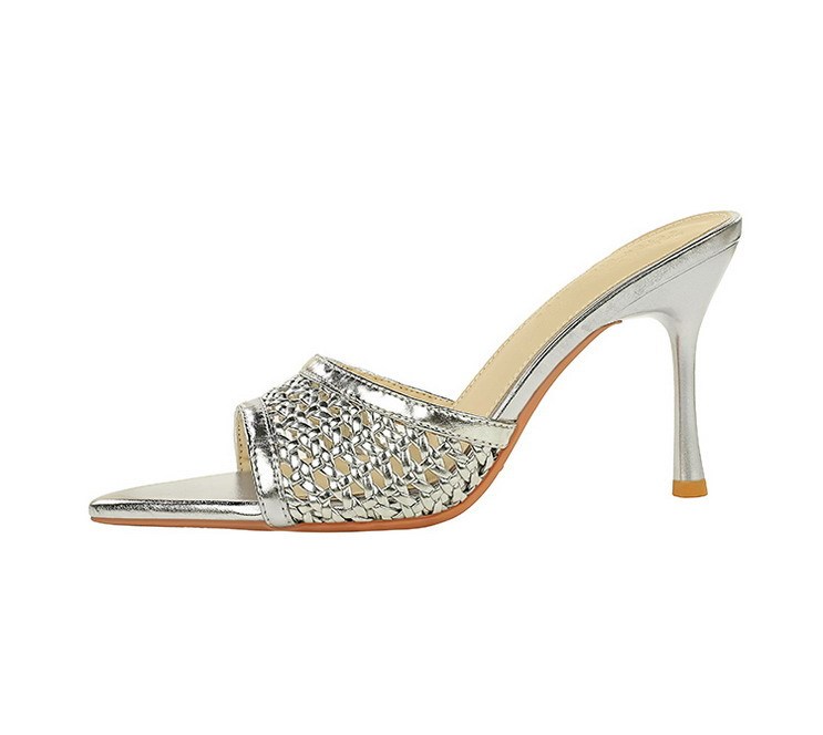 Sandal cao gót nữ mũi nhọn hở ngón quai dệt phối đồ thời trang — Màu bạc, Màu be, màu đen, Màu trắng
