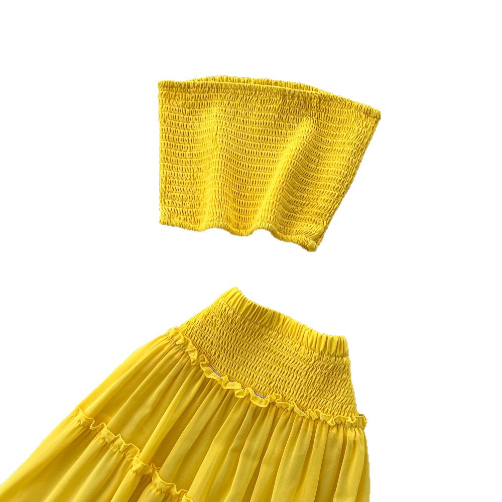 Yellow Pleated Two Piece Set Layered Cake Skirt Elegant Style Summer Fashion Wholesale Available