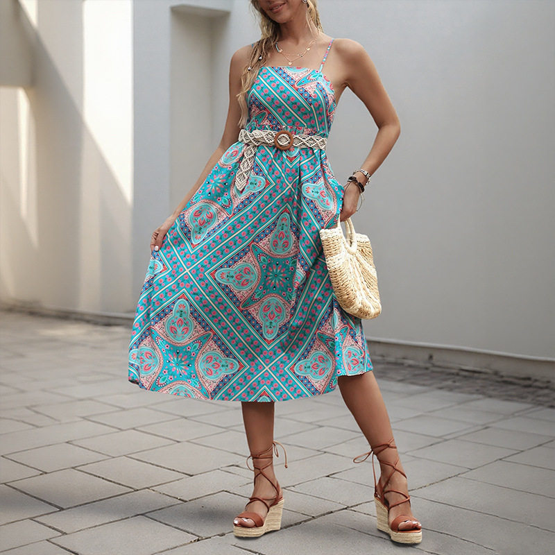 Vintage Inspired Floral Print Maxi Dress Waist Defining Sleeveless Bohemian Style Perfect for Summer Vacations