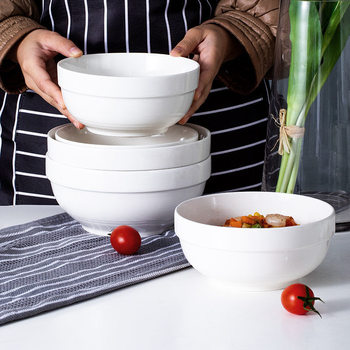Ceramic Edge Protection Bowl, Rice Bowl, Restaurant Large Soup Bowl, Large Rice Bowl, Pure White, Hotel Hot Pot Restaurant Tableware with Printing