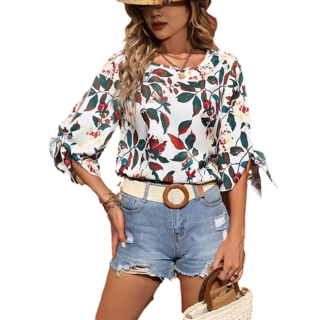 Casual Leaf Print Top Bow Tie Detail Mid Sleeve Stylish Design Perfect for Spring Summer Ready to Ship