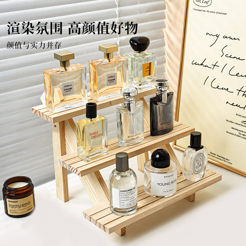 Perfume Display Rack High Color Value Solid Wood Stepped Storage Rack Desktop Display Household Wooden Perfume Storage Rack