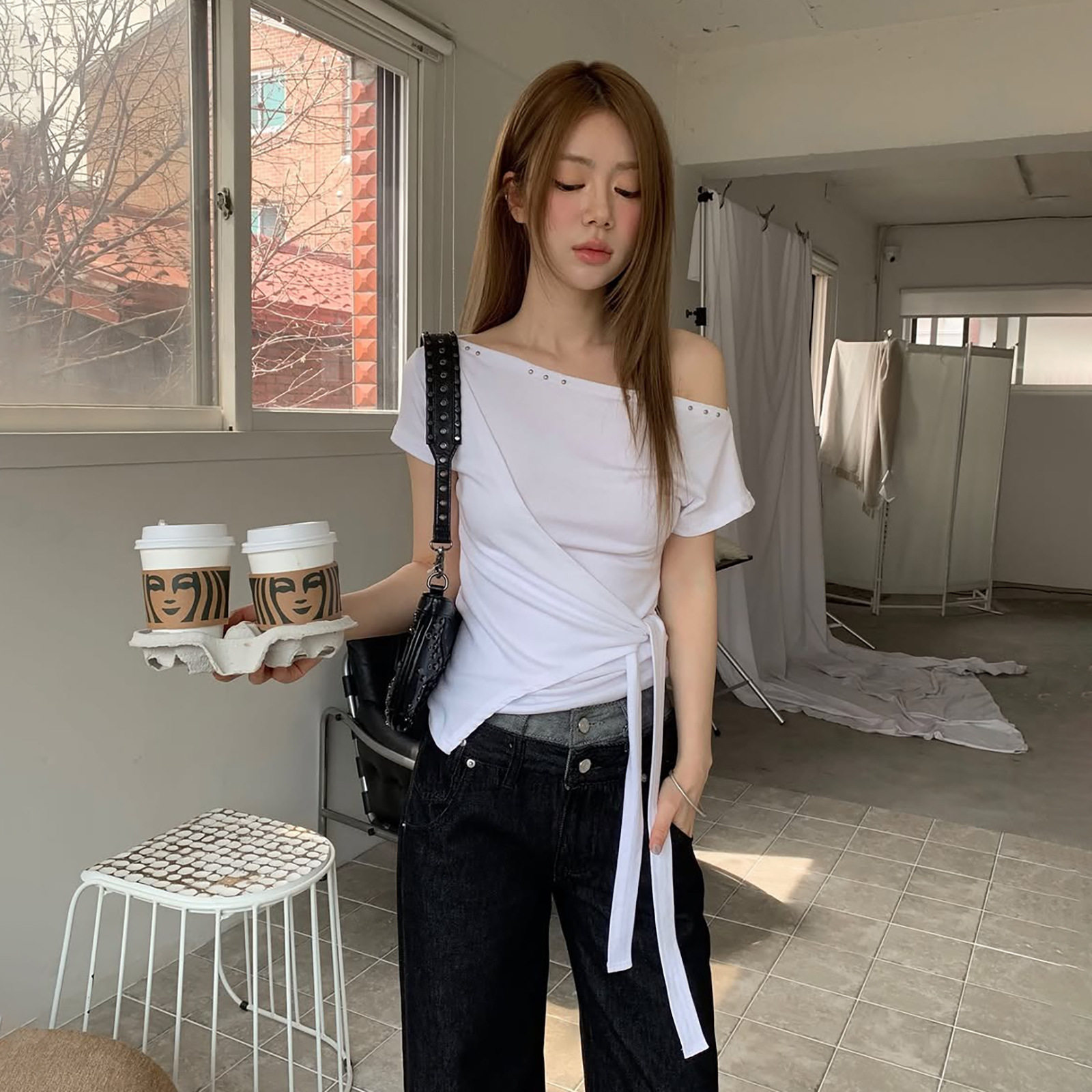 Off Shoulder Crop Top Summer Collection Slim Fit Tie Waist Versatile Style Wholesale Available