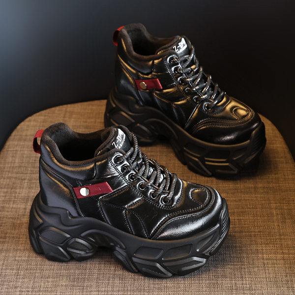 Giày Sneaker Nữ Da Bóng Đế Cao Khoảng 8.5cm Lót Lông Giữ Ấm Màu Đen, Nâu