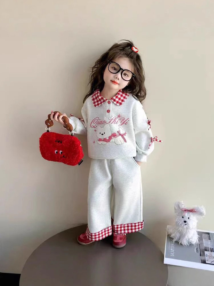 Set dua bagian anak perempuan, hoodie tebal berlapis bulu dengan pita blok warna, celana lebar, baru dan gaya