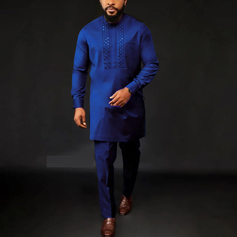 传统外贸非洲风格男士结婚新西装2件套圆领长袖上衣加裤子外贸