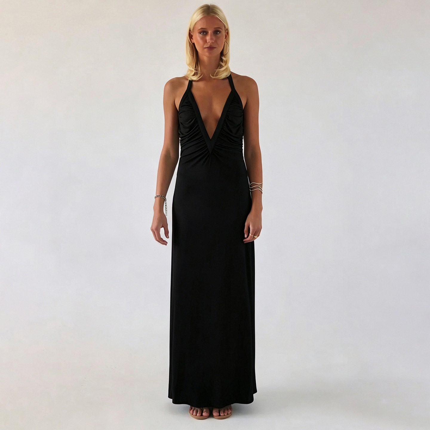 Summer Womens Dress Solid Color Pleated Sexy Deep V Fashionable Halter Neck Bodycon Style Perfect for Parties