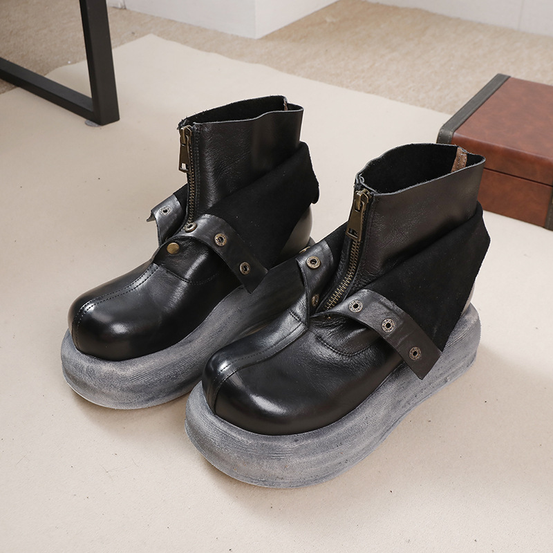 Boot nữ da bò thật cổ thấp khóa kéo phía trước, đế dày gót vừa phong cách cổ điển