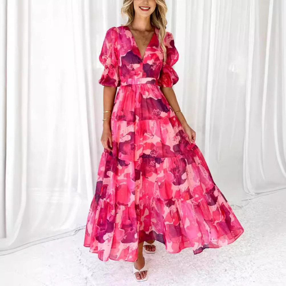 Floral Print V Neck Puff Sleeve Dress Waist Defining Summer Style Perfect for Casual Outings Wholesale Available